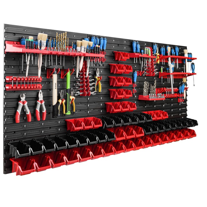 Organizator scule perete, pentru garaj si atelier, cutie organizator suruburi, cu suporturi, carlige si rafturi, organizator unelete 172x78 cm, SimpleThing