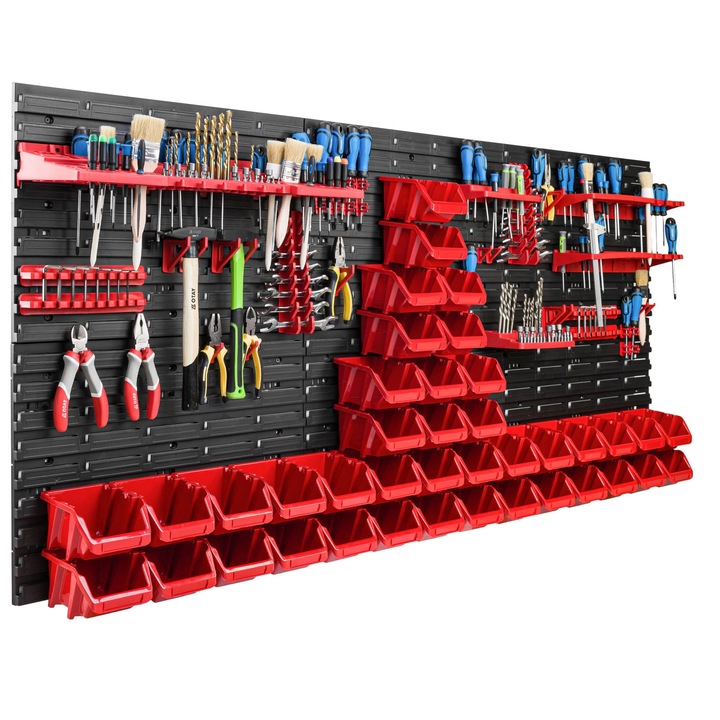 Organizator scule perete, pentru garaj si atelier, cutie organizator suruburi, cu suporturi, carlige si rafturi, organizator unelete 172x78 cm, SimpleThing