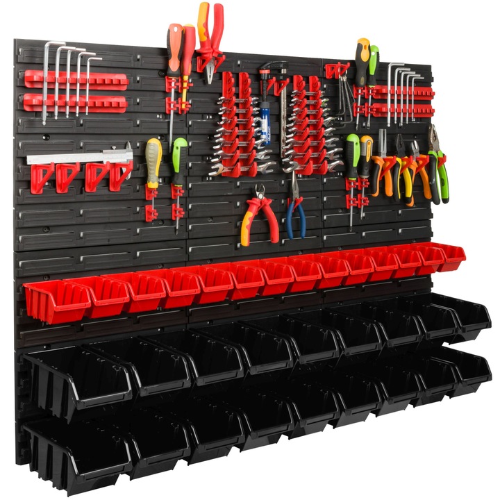 Organizator scule perete, pentru garaj si atelier, cutie organizator suruburi, cu suporturi, carlige si rafturi, organizator unelete 117x78 cm, SimpleThing