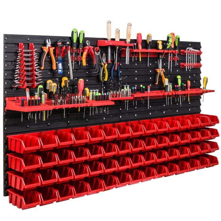 Organizator scule perete, pentru garaj si atelier, cutie organizator suruburi, cu suporturi, carlige si rafturi, organizator unelete 156x78 cm, SimpleThing