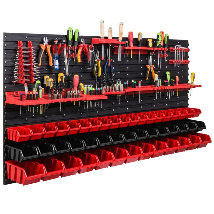 Organizator scule perete, pentru garaj si atelier, cutie organizator suruburi, cu suporturi, carlige si rafturi, organizator unelete 156x78 cm, SimpleThing
