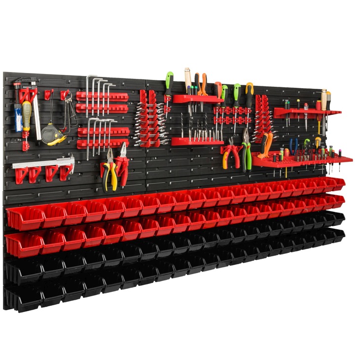 Organizator scule perete, pentru garaj si atelier, cutie organizator suruburi, cu suporturi, carlige si rafturi, organizator unelete 172x78 cm, SimpleThing