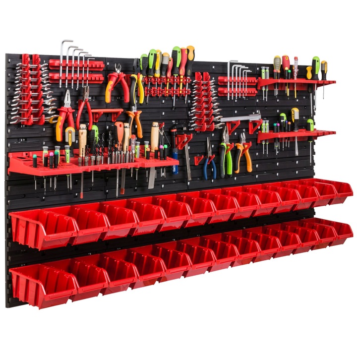 Organizator scule perete, pentru garaj si atelier, cutie organizator suruburi, cu suporturi, carlige si rafturi, organizator unelete 156x78 cm, SimpleThing