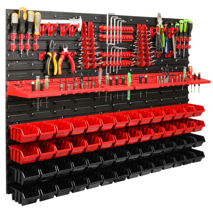 Organizator scule perete, pentru garaj si atelier, cutie organizator suruburi, cu suporturi, carlige si rafturi, organizator unelete 115x78 cm, SimpleThing