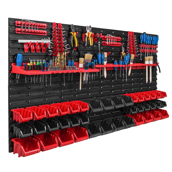 Organizator scule perete, pentru garaj si atelier, cutie organizator suruburi, cu suporturi, carlige si rafturi, organizator unelete 156x78 cm, SimpleThing