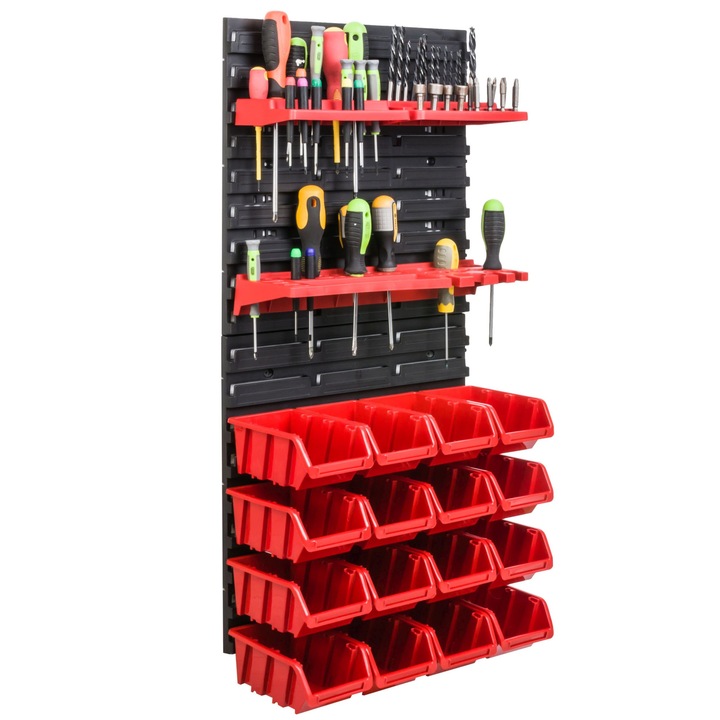 Organizator scule perete, pentru garaj si atelier, cutie organizator suruburi, cu suporturi, carlige si rafturi, organizator unelete 78x39 cm, SimpleThing