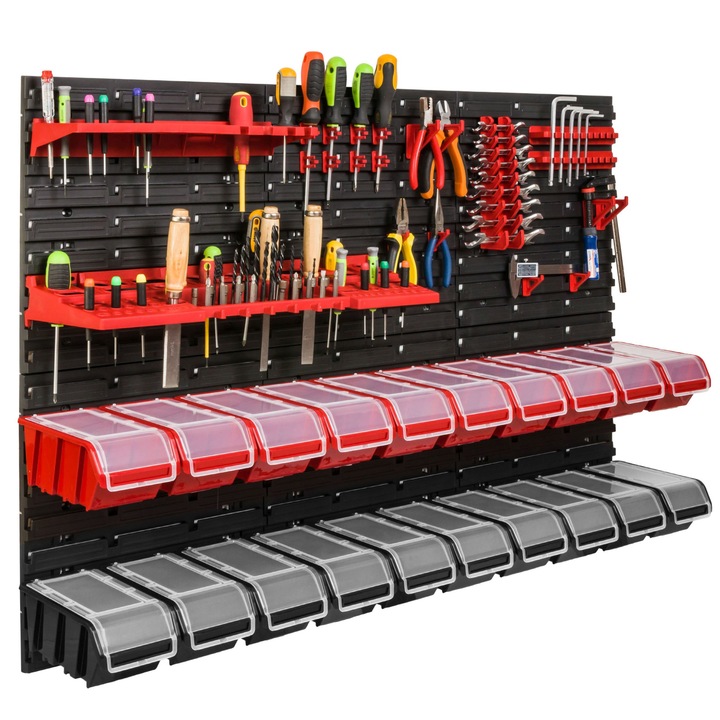 Organizator scule perete, pentru garaj si atelier, cutie organizator suruburi, cu suporturi, carlige si rafturi, organizator unelete 117x78 cm, SimpleThing