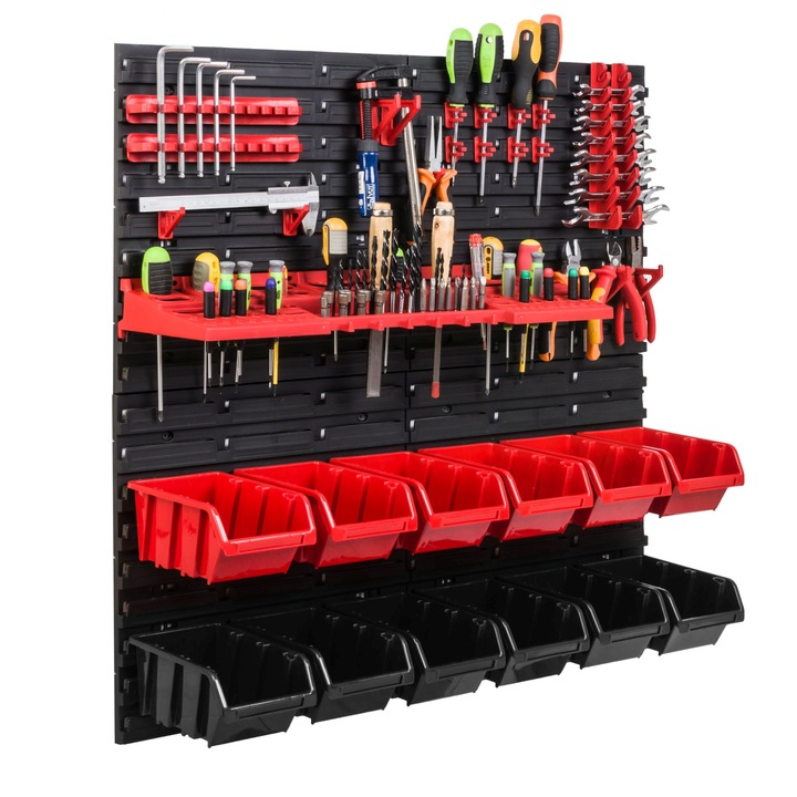 Organizator scule perete, pentru garaj si atelier, cutie organizator suruburi, cu suporturi, carlige si rafturi, organizator unelete 78x78 cm, SimpleThing