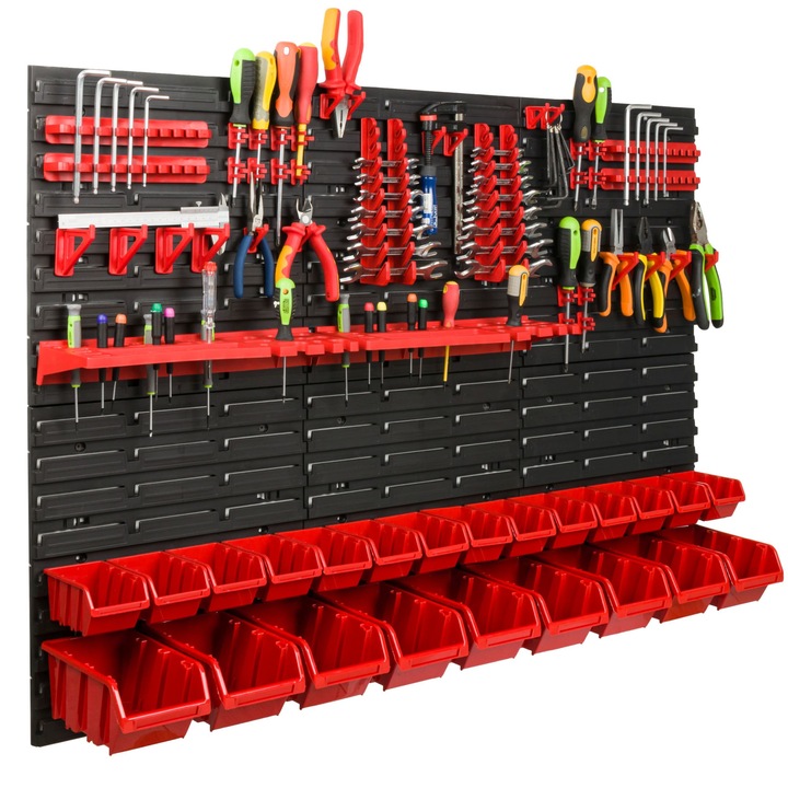 Organizator scule perete, pentru garaj si atelier, cutie organizator suruburi, cu suporturi, carlige si rafturi, organizator unelete 117x78 cm, SimpleThing