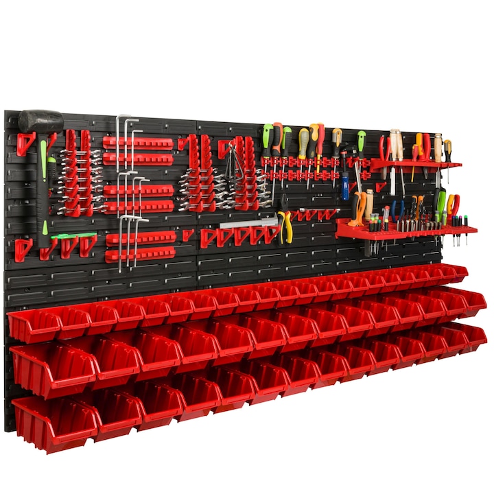 Organizator scule perete, pentru garaj si atelier, cutie organizator suruburi, cu suporturi, carlige si rafturi, organizator unelete 172x78 cm, SimpleThing
