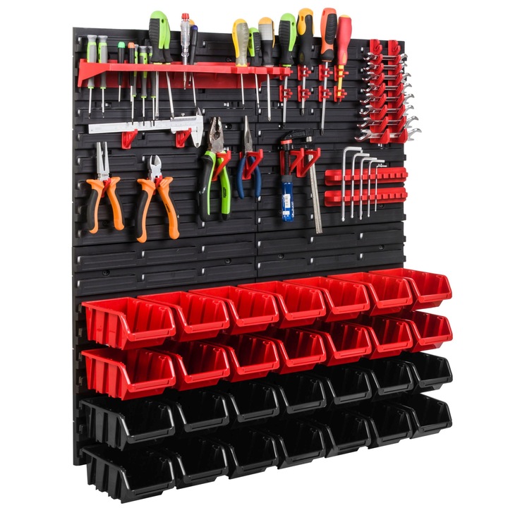 Organizator scule perete, pentru garaj si atelier, cutie organizator suruburi, cu suporturi, carlige si rafturi, organizator unelete 78x78 cm, SimpleThing