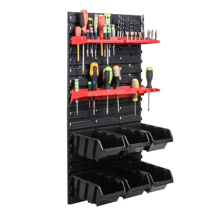Organizator scule perete, pentru garaj si atelier, cutie organizator suruburi, cu suporturi, carlige si rafturi, organizator unelete 78x39 cm, SimpleThing