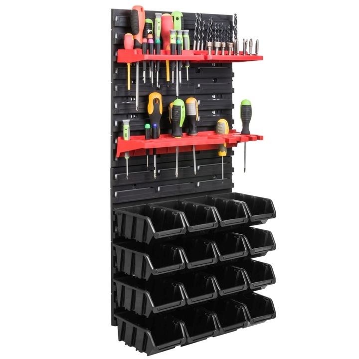 Organizator scule perete, pentru garaj si atelier, cutie organizator suruburi, cu suporturi, carlige si rafturi, organizator unelete 78x39 cm, SimpleThing