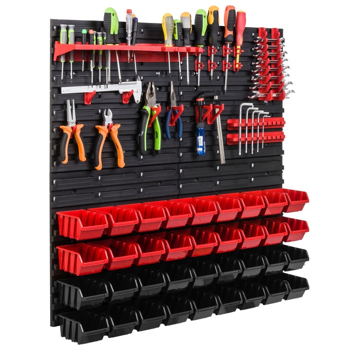 Organizator scule perete, pentru garaj si atelier, cutie organizator suruburi, cu suporturi, carlige si rafturi, organizator unelete 78x78 cm, SimpleThing