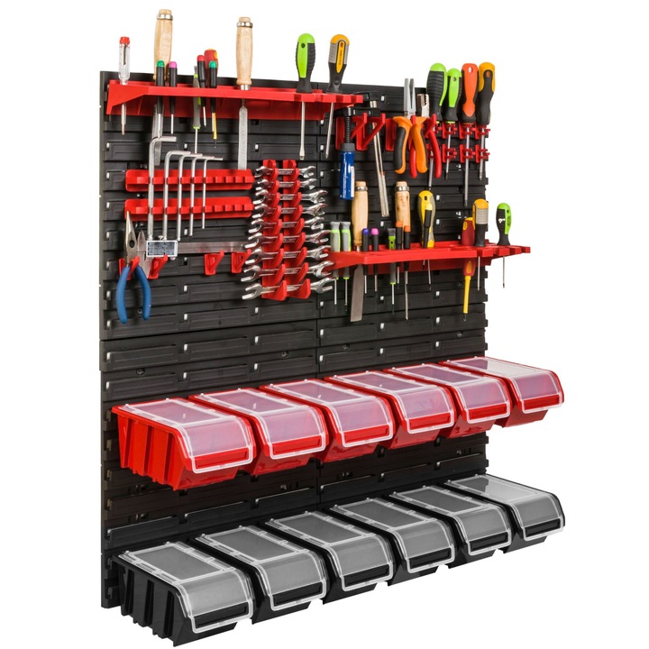 Organizator scule perete, pentru garaj si atelier, cutie organizator suruburi, cu suporturi, carlige si rafturi, organizator unelete 78x78 cm, SimpleThing