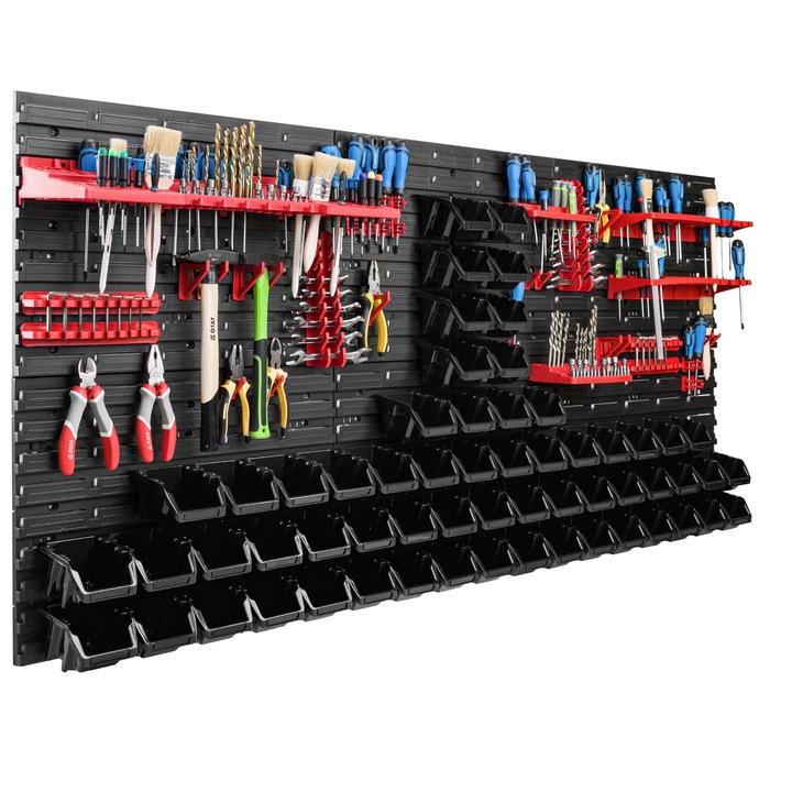 Organizator scule perete, pentru garaj si atelier, cutie organizator suruburi, cu suporturi, carlige si rafturi, organizator unelete 172x78 cm, SimpleThing
