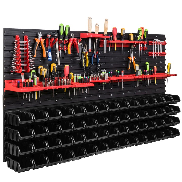Organizator scule perete, pentru garaj si atelier, cutie organizator suruburi, cu suporturi, carlige si rafturi, organizator unelete 156x78 cm, SimpleThing