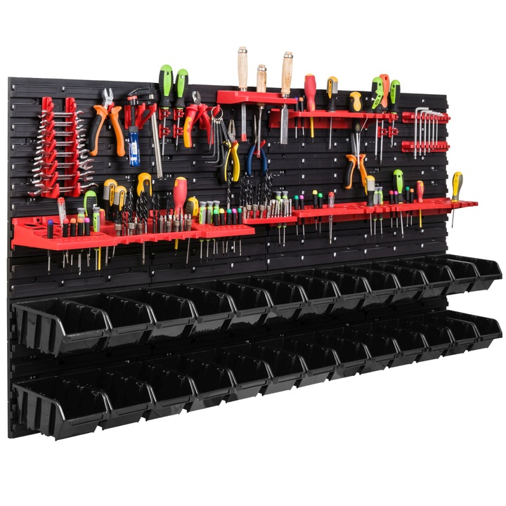 Organizator scule perete, pentru garaj si atelier, cutie organizator suruburi, cu suporturi, carlige si rafturi, organizator unelete 156x78 cm, SimpleThing