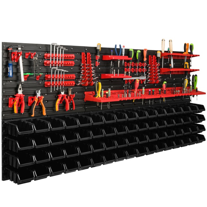 Organizator scule perete, pentru garaj si atelier, cutie organizator suruburi, cu suporturi, carlige si rafturi, organizator unelete 172x78 cm, SimpleThing