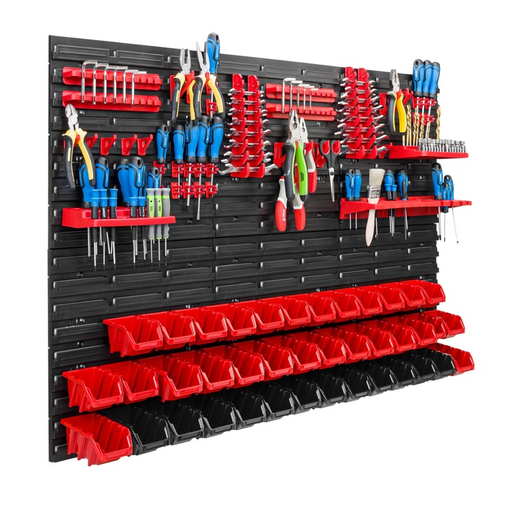 Organizator scule perete, pentru garaj si atelier, cutie organizator suruburi, cu suporturi, carlige si rafturi, organizator unelete 117x78 cm, SimpleThing