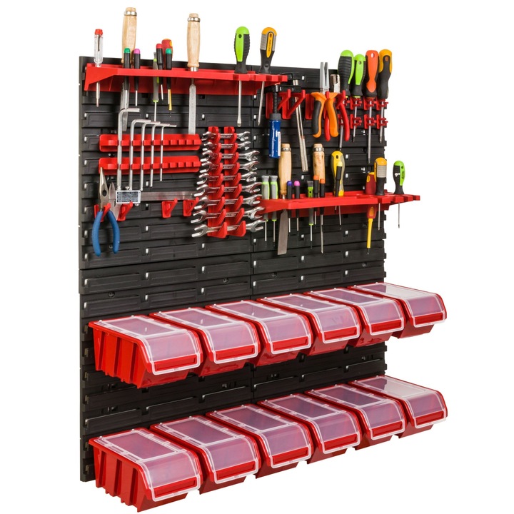 Organizator scule perete, pentru garaj si atelier, cutie organizator suruburi, cu suporturi, carlige si rafturi, organizator unelete 78x78 cm, SimpleThing