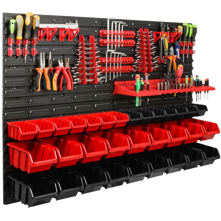 Organizator scule perete, pentru garaj si atelier, cutie organizator suruburi, cu suporturi, carlige si rafturi, organizator unelete 115x78 cm, SimpleThing