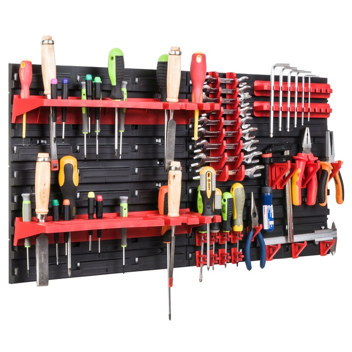Organizator scule perete, pentru garaj si atelier, cutie organizator suruburi, cu suporturi, carlige si rafturi, organizator unelete 78x39 cm, SimpleThing