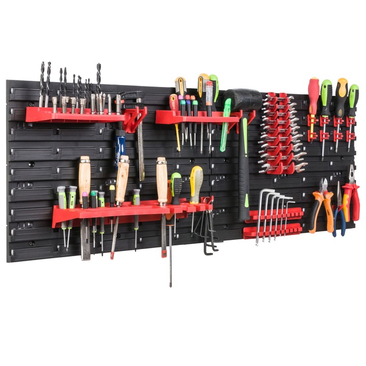 Organizator scule perete, pentru garaj si atelier, cutie organizator suruburi, cu suporturi, carlige si rafturi, organizator unelete 115x39 cm, SimpleThing