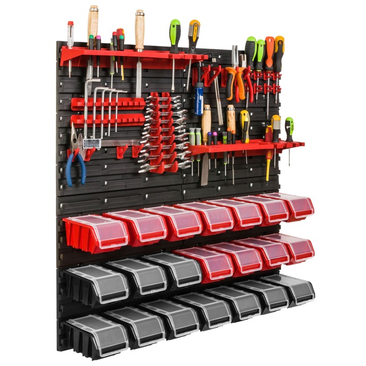 Organizator scule perete, pentru garaj si atelier, cutie organizator suruburi, cu suporturi, carlige si rafturi, organizator unelete 78x78 cm, SimpleThing