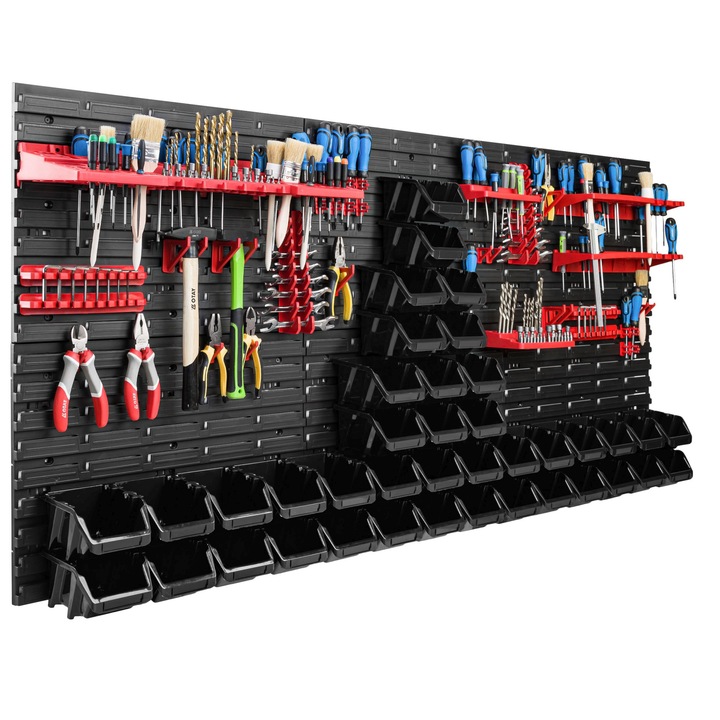 Organizator scule perete, pentru garaj si atelier, cutie organizator suruburi, cu suporturi, carlige si rafturi, organizator unelete 172x78 cm, SimpleThing