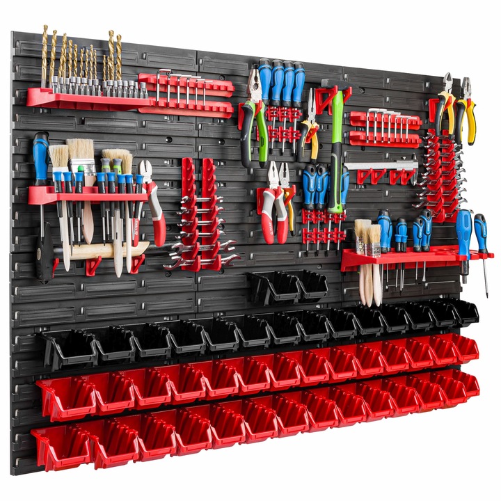 Organizator scule perete, pentru garaj si atelier, cutie organizator suruburi, cu suporturi, carlige si rafturi, organizator unelete 117x78 cm, SimpleThing