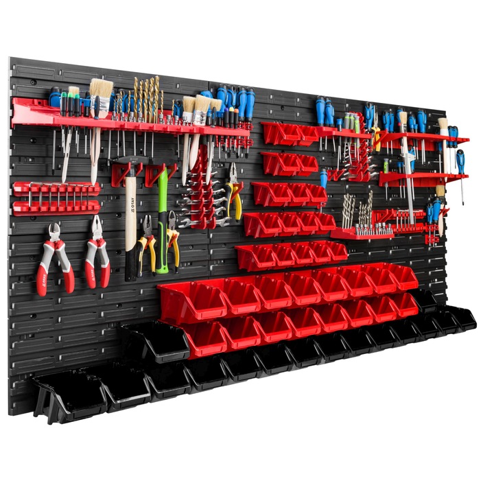Organizator scule perete, pentru garaj si atelier, cutie organizator suruburi, cu suporturi, carlige si rafturi, organizator unelete 172x78 cm, SimpleThing