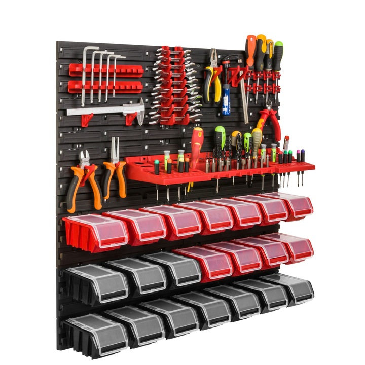 Organizator scule perete, pentru garaj si atelier, cutie organizator suruburi, cu suporturi, carlige si rafturi, organizator unelete 78x78 cm, SimpleThing