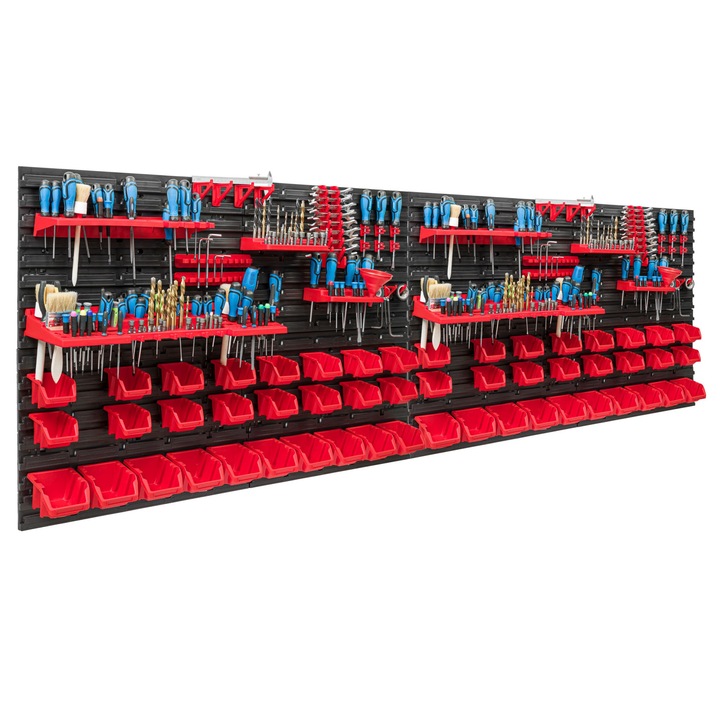 Organizator scule perete, pentru garaj si atelier, cutie organizator suruburi, cu suporturi, carlige si rafturi, organizator unelete 230x78 cm, SimpleThing