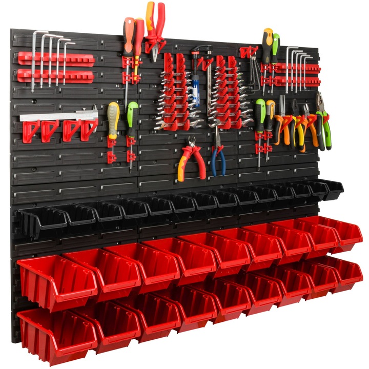 Organizator scule perete, pentru garaj si atelier, cutie organizator suruburi, cu suporturi, carlige si rafturi, organizator unelete 117x78 cm, SimpleThing