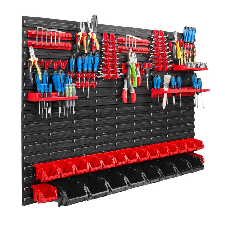 Organizator scule perete, pentru garaj si atelier, cutie organizator suruburi, cu suporturi, carlige si rafturi, organizator unelete 117x78 cm, SimpleThing