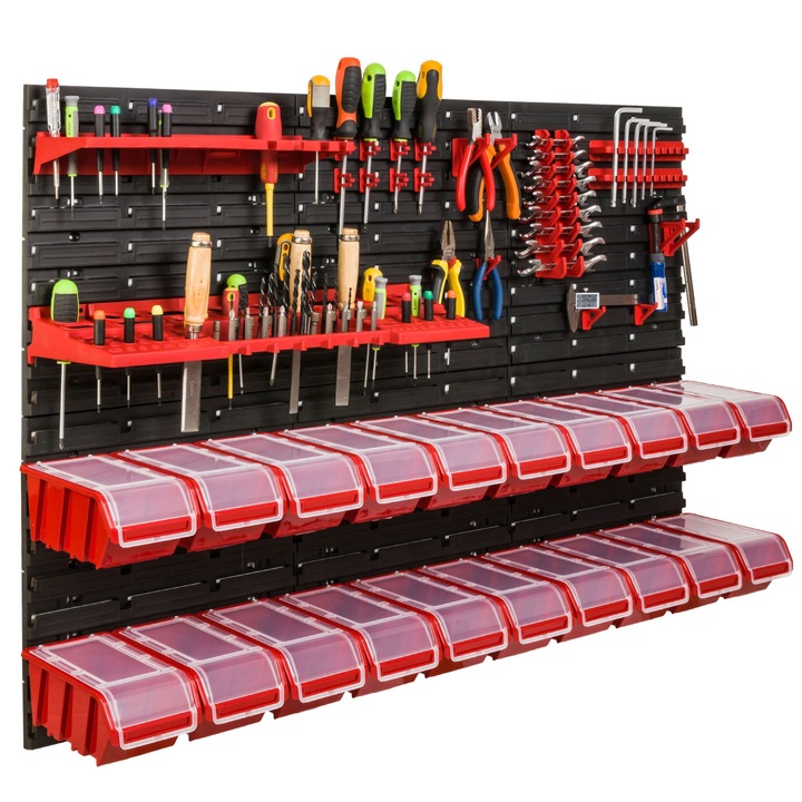 Organizator scule perete, pentru garaj si atelier, cutie organizator suruburi, cu suporturi, carlige si rafturi, organizator unelete 117x78 cm, SimpleThing