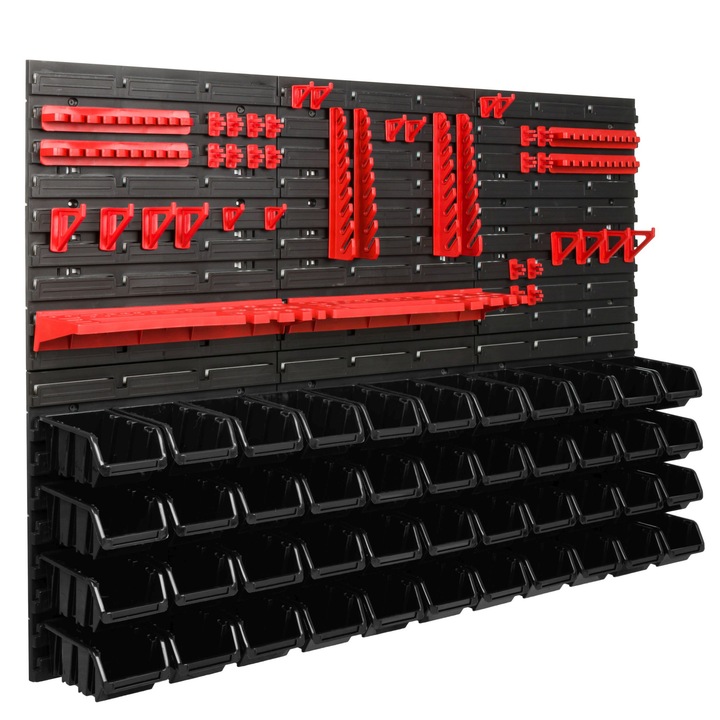 Szerszámtároló panel, SimpleThing, polipropilén, polcokkal, 44 doboz, piros/fekete