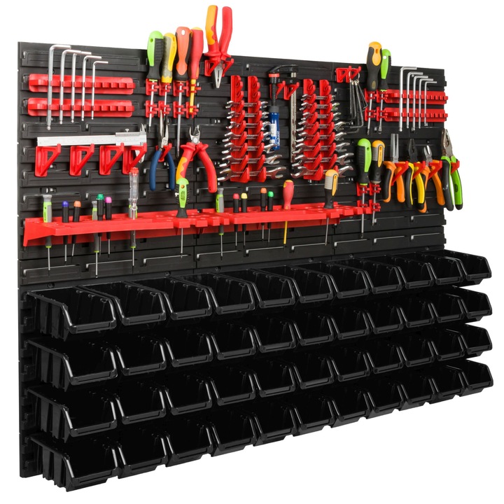 Organizator scule perete, pentru garaj si atelier, cutie organizator suruburi, cu suporturi, carlige si rafturi, organizator unelete 117x78 cm, SimpleThing