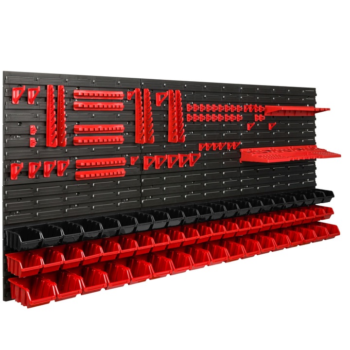 Szerszámtároló panel, SimpleThing, polipropilén, horgokkal, 61 doboz, piros/fekete