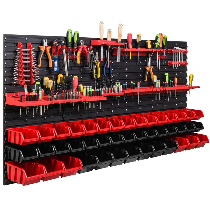 Organizator scule perete, pentru garaj si atelier, cutie organizator suruburi, cu suporturi, carlige si rafturi, organizator unelete 156x78 cm, SimpleThing