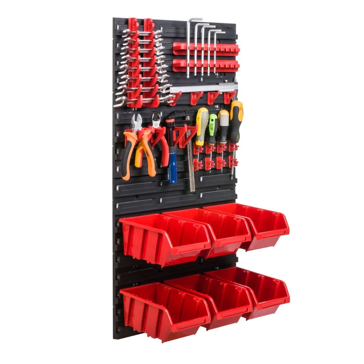 Organizator scule perete, pentru garaj si atelier, cutie organizator suruburi, cu suporturi, carlige si rafturi, organizator unelete 78x39 cm, SimpleThing