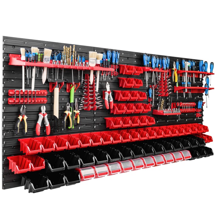 Organizator scule perete, pentru garaj si atelier, cutie organizator suruburi, cu suporturi, carlige si rafturi, organizator unelete 172x78 cm, SimpleThing