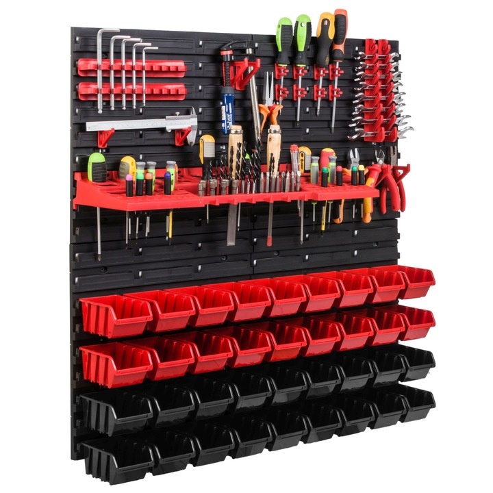 Organizator scule perete, pentru garaj si atelier, cutie organizator suruburi, cu suporturi, carlige si rafturi, organizator unelete 78x78 cm, SimpleThing