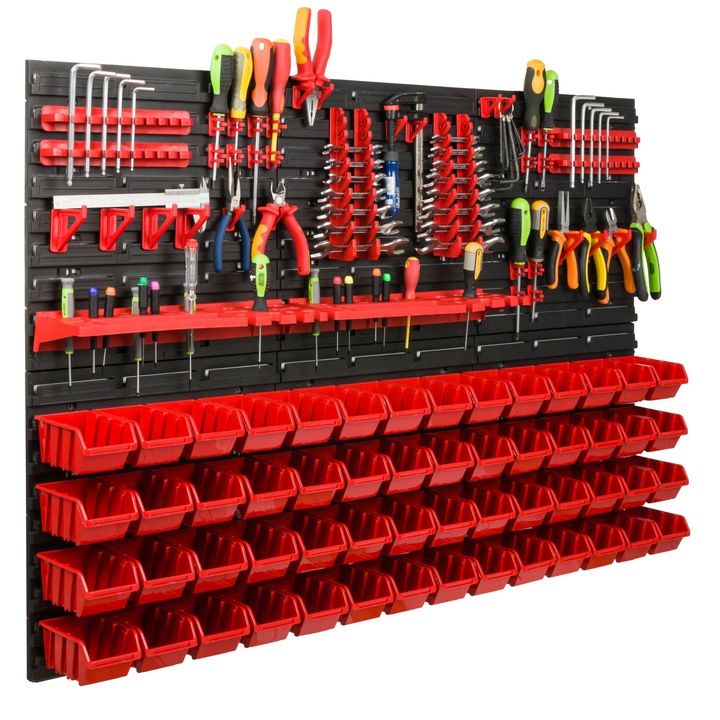 Organizator scule perete, pentru garaj si atelier, cutie organizator suruburi, cu suporturi, carlige si rafturi, organizator unelete 117x78 cm, SimpleThing