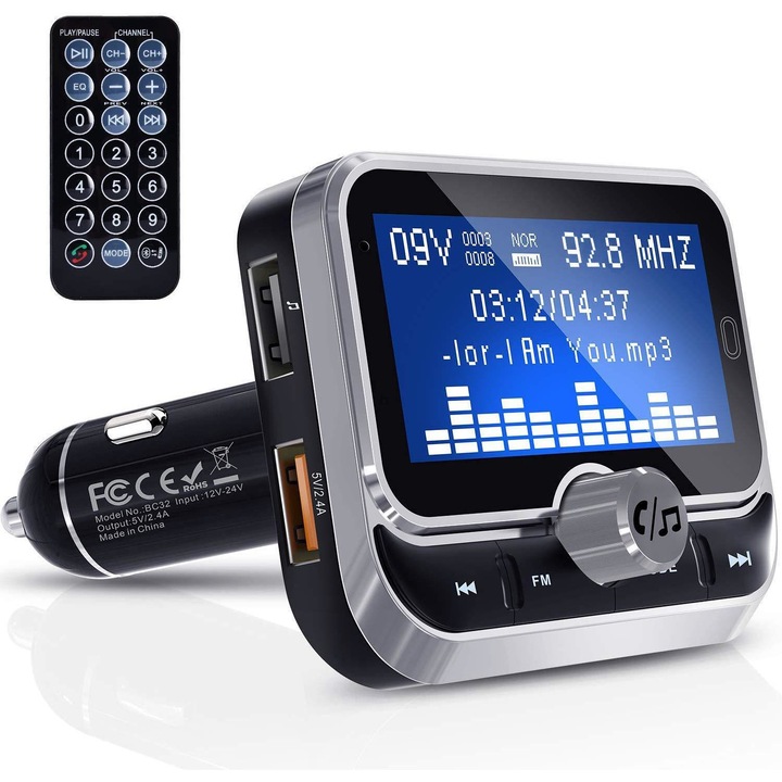 Transmitator FM cu telecomanda, Sunmostar, Bluetooth, Negru