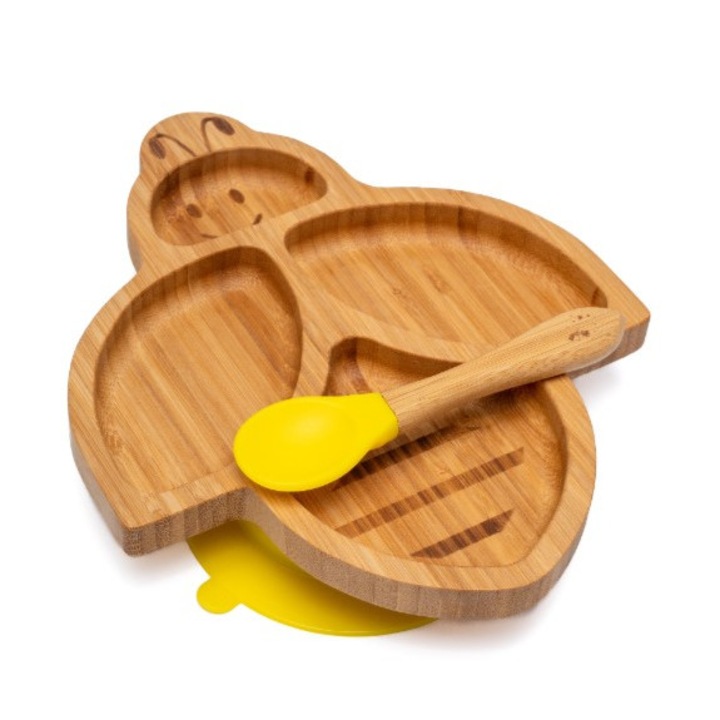 Farfurie diversificare din bambus, certificata CE pentru bebelusi si copii, cu lingurita si ventuza anti-alunecare din silicon alimentar, Albinuta, Galben