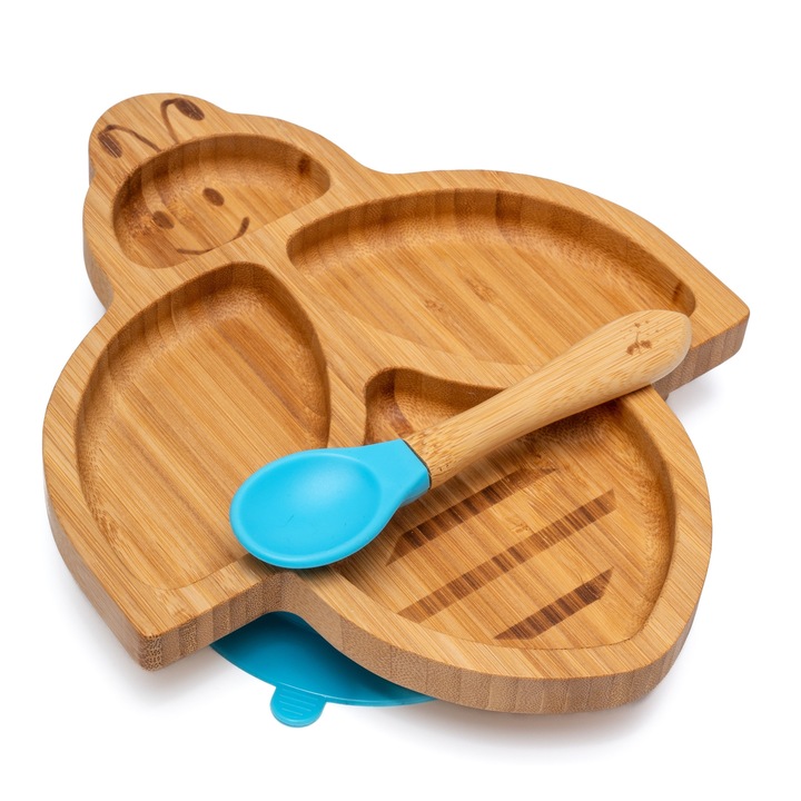 Farfurie diversificare din bambus, certificata CE pentru bebelusi si copii, cu lingurita si ventuza anti-alunecare din silicon alimentar, Albinuta, Albastru