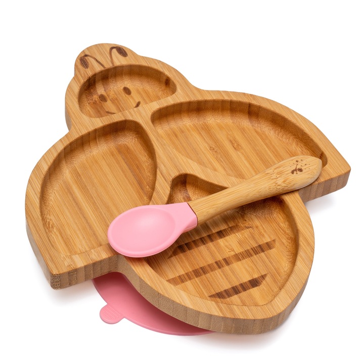 Farfurie diversificare din bambus, certificata CE pentru bebelusi si copii, cu lingurita si ventuza anti-alunecare din silicon alimentar, Albinuta, Roz