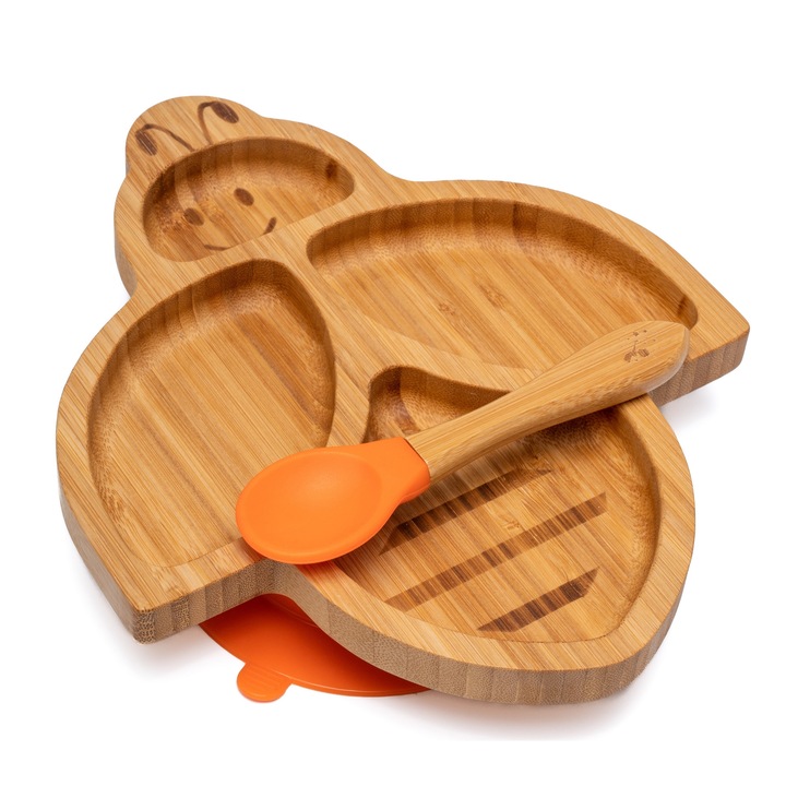 Farfurie diversificare din bambus, certificata CE pentru bebelusi si copii, cu lingurita si ventuza anti-alunecare din silicon alimentar, Albinuta, Portocaliu